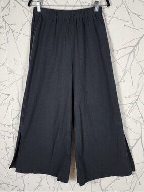 Emery Rose Cotton Slub High Waist Side Slit Wide Leg Pants